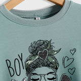 BOY MAMA Love Print Round Neck Loose Bottom Long Sleeve Sweatshirt Women