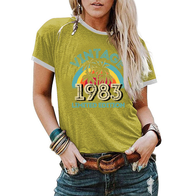 Fashion Vintage 1983 Coconut Tree Pattern Casual Round Neck Short Sleeve Women T-shirt