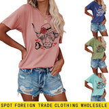 Fashion Women's Rose Bullhead Pattern, Casual Crewneck Short Sleeves T Shirt