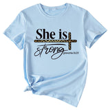 She Is Strong Letter Printed Round Neck Short Sleeved T-shirt