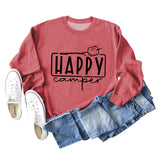 Happy Camper Letter Round Neck Loose Long Sleeve Casual T-shirt Female