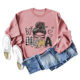 BOY MAMA Love Print Round Neck Loose Bottom Long Sleeve Sweatshirt Women