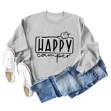 Happy Camper Letter Round Neck Loose Long Sleeve Casual T-shirt Female