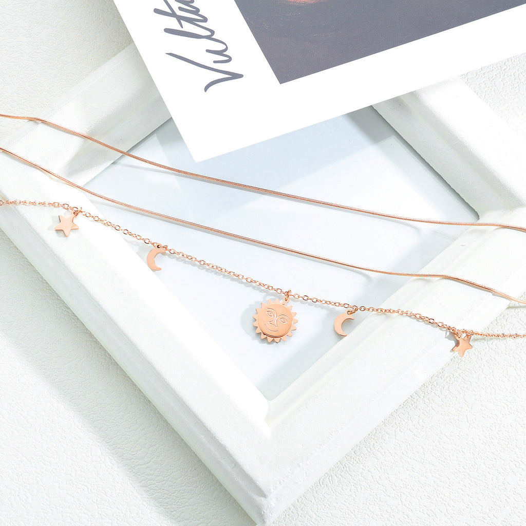 NEHZUS Round Piece Multi-layered Necklace Star and Moon Set Star and Moon Two In One Rose Gold Plated Clasp Chain