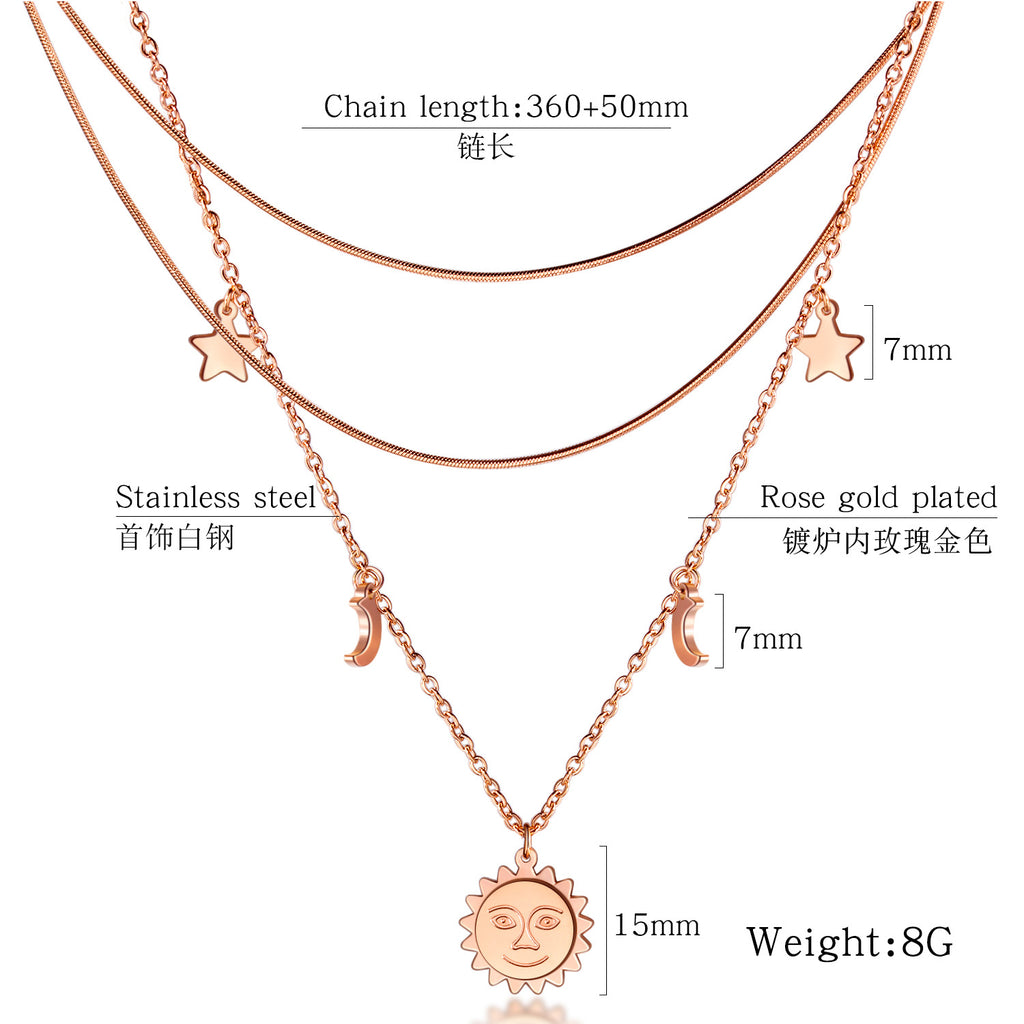 NEHZUS Round Piece Multi-layered Necklace Star and Moon Set Star and Moon Two In One Rose Gold Plated Clasp Chain