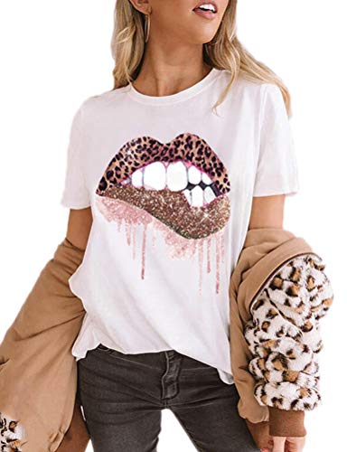 Women Leopard Lips T-Shirt Shiny Lipstick Shirt