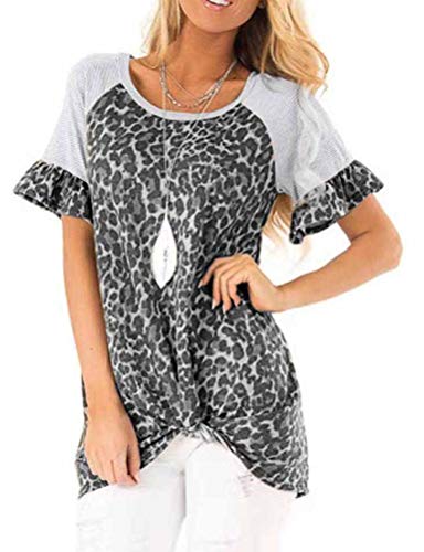 Women Raglan Short Sleeve Leopard Stitching Twist Knotted T-Shirt
