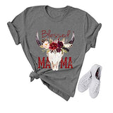Women Blessed Mama Bull Skull T-Shirt Floral Mama Shirt