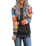 Women Fashion Blouse Color Stripes Hit Color Casual Round Neck Long Sleeve Shirt