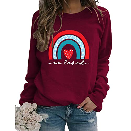 Valentines Rainbow Love Sweatshirt Women Love Heart Tee Tops
