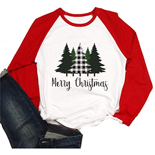 Women Merry Christmas Long Sleeve Blouse Christmas Tree Raglan Shirt