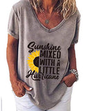 Women V-Neck Sunshine Mixed with A Little Hurricane Women Graphic T-Shirt Sunflower Shirt