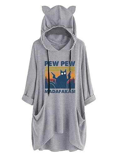 Women Pew-Pew Madafakas Hoodies Funny Pew-Pew Cat Shirt with Cat Ears and Pockets
