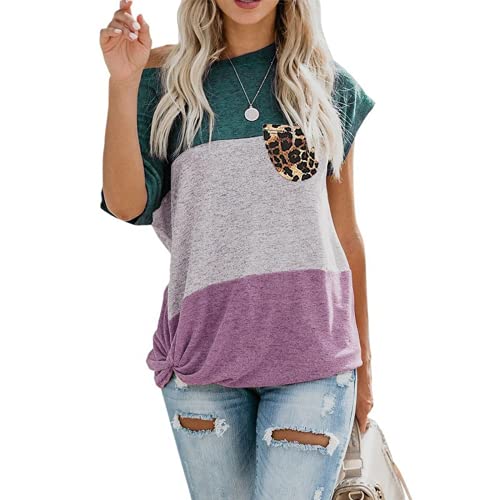 Women Short Sleeve Casual Color Block T-Shirt Basic Tee Shirts Tops with Pocket