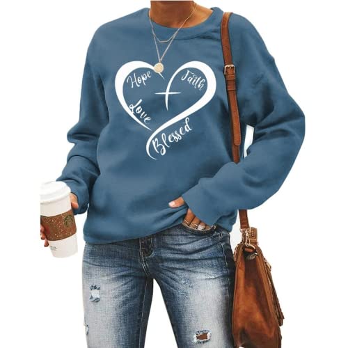 Christian Heart Sweatshirt Women Hope Faith Love Blessed Sweater
