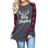 Women Fashion Blouse Christmas Deer Head Buffalo Plaid Long Sleeve Shirt