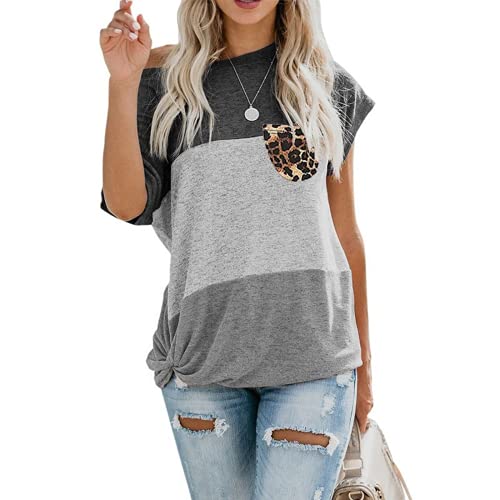 Women Short Sleeve Casual Color Block T-Shirt Basic Tee Shirts Tops with Pocket
