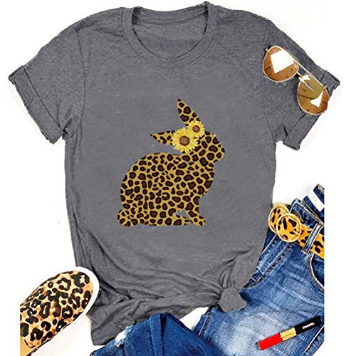Women Sunflower Leopard Bunny Cute Easter T-Shirt