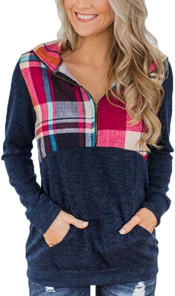Women Plaid Zipper Long Sleeve Sweatshirt with Pockets