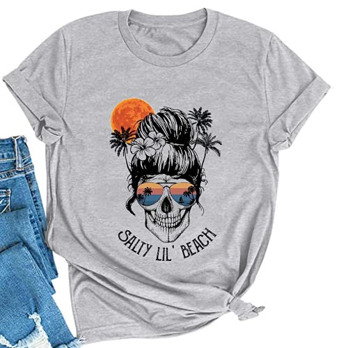 Women Salty Lil' Beach Women Skull T-Shirt Beach Graphic Shirt for Women