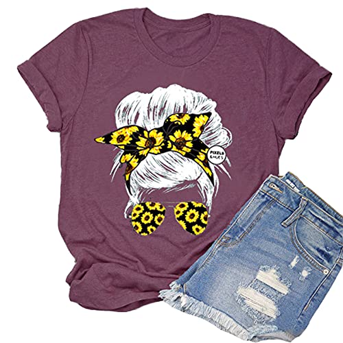 Women Messy Hair Bun Sunflower T-Shirt Messy Bun Skull Shirt
