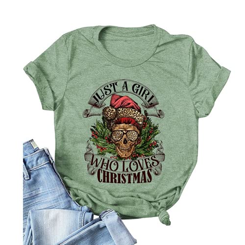 Women Just A Girl Who Loves Christmas T-Shirt Santa Mom Skull Tees Tops