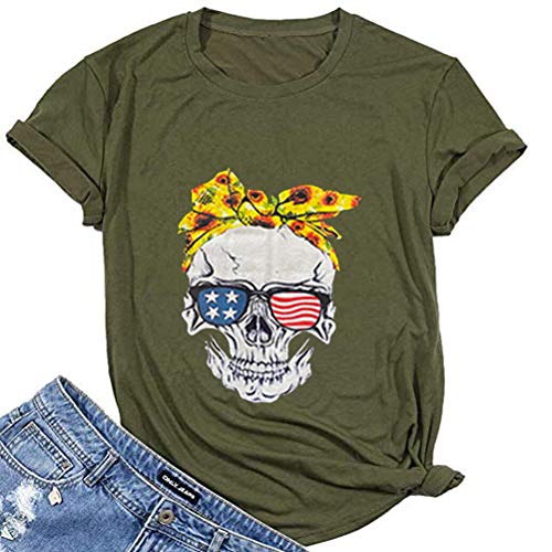 Women Sunflower Bandana Skull with America Flag Sunglasses T-Shirt Skull Shirt