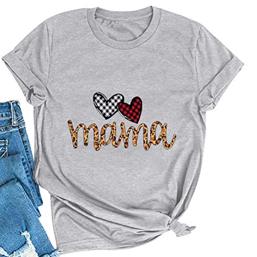 Women Buffalo Plaid Heart Leopard Mama T-Shirt