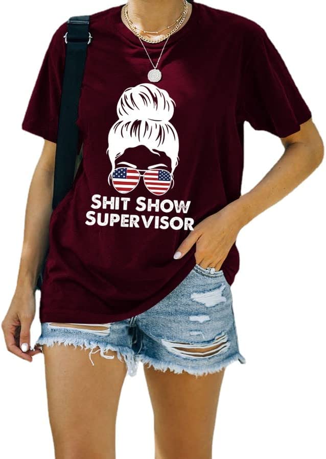 Shit Show Supervisor Tee Women Casual Messy Bun Bleached T-Shirt