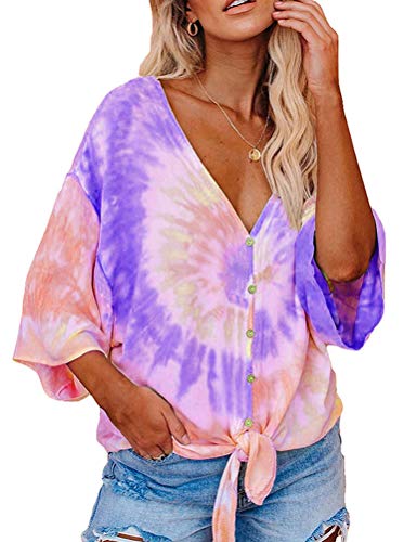 Women V Neck 3/4 Bat Sleeve Tie dye Blouse with Buttons