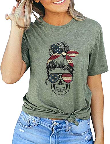 Women American Flag Skull T-Shirt Skull Mom Shirt