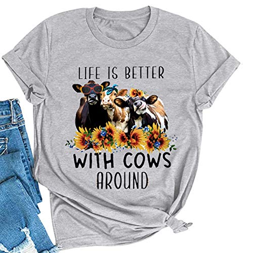 Women Life is Better with Cows Around T-Shirt Sunflower Cow Heifer T-Shirt