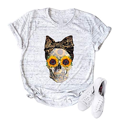 Women Sunflower Skull Leopard Skull T-Shirt