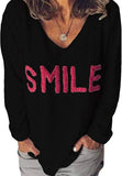 Women V Neck Smile Long Sleeve Blouse