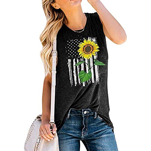 Women Sunflower American Flag Tank Tops Sunflower Graphic Shirt