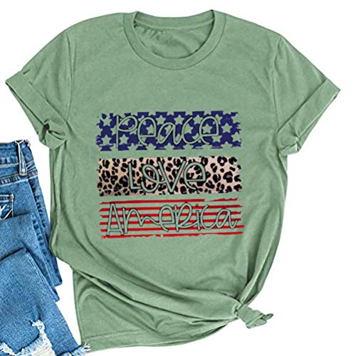 Women Peace Love America Patriotic T-Shirt Leopard American Flag Shirt