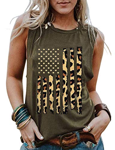 Women Leopard American USA Flag Patriotic Tank 4th of July Tank Top for Women