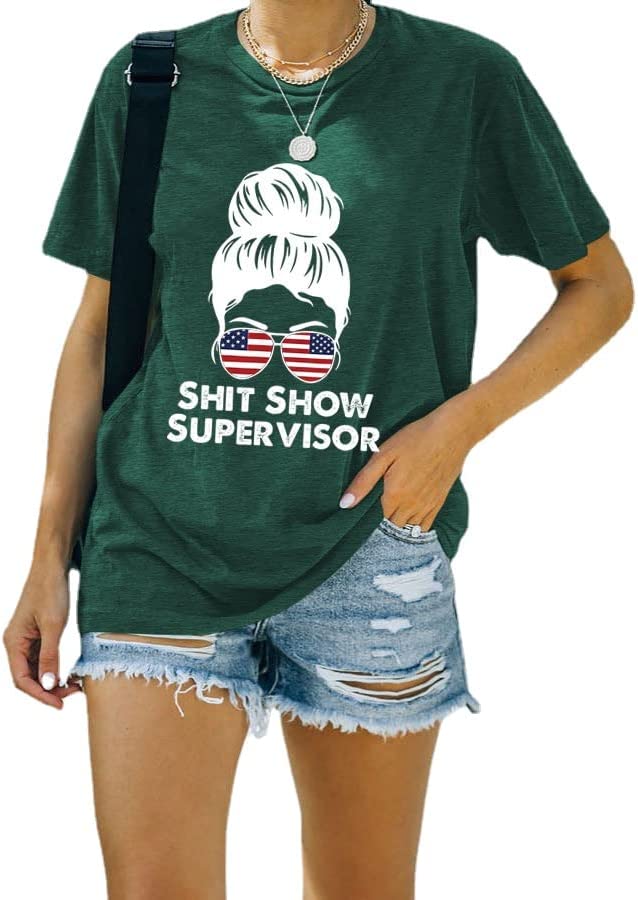 Shit Show Supervisor Tee Women Casual Messy Bun Bleached T-Shirt