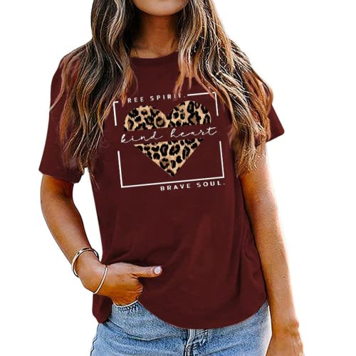 Woman Free Spirit Kind Heart Brave Soul Leopard Heart T-Shirt Women Graphic Shirt