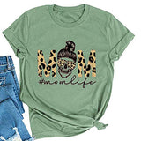Women Mom Life T-Shirt Leopard Skull Mom Shirt Messy Bun Skull Graphic Shirt