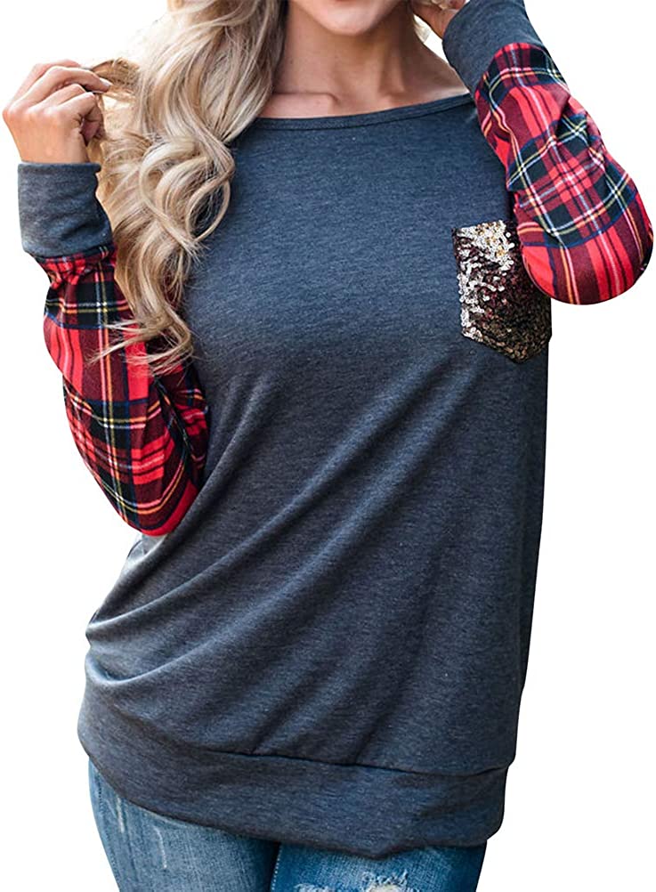 Women Long Sleeve Plaid Blosue with Sequins Pocket