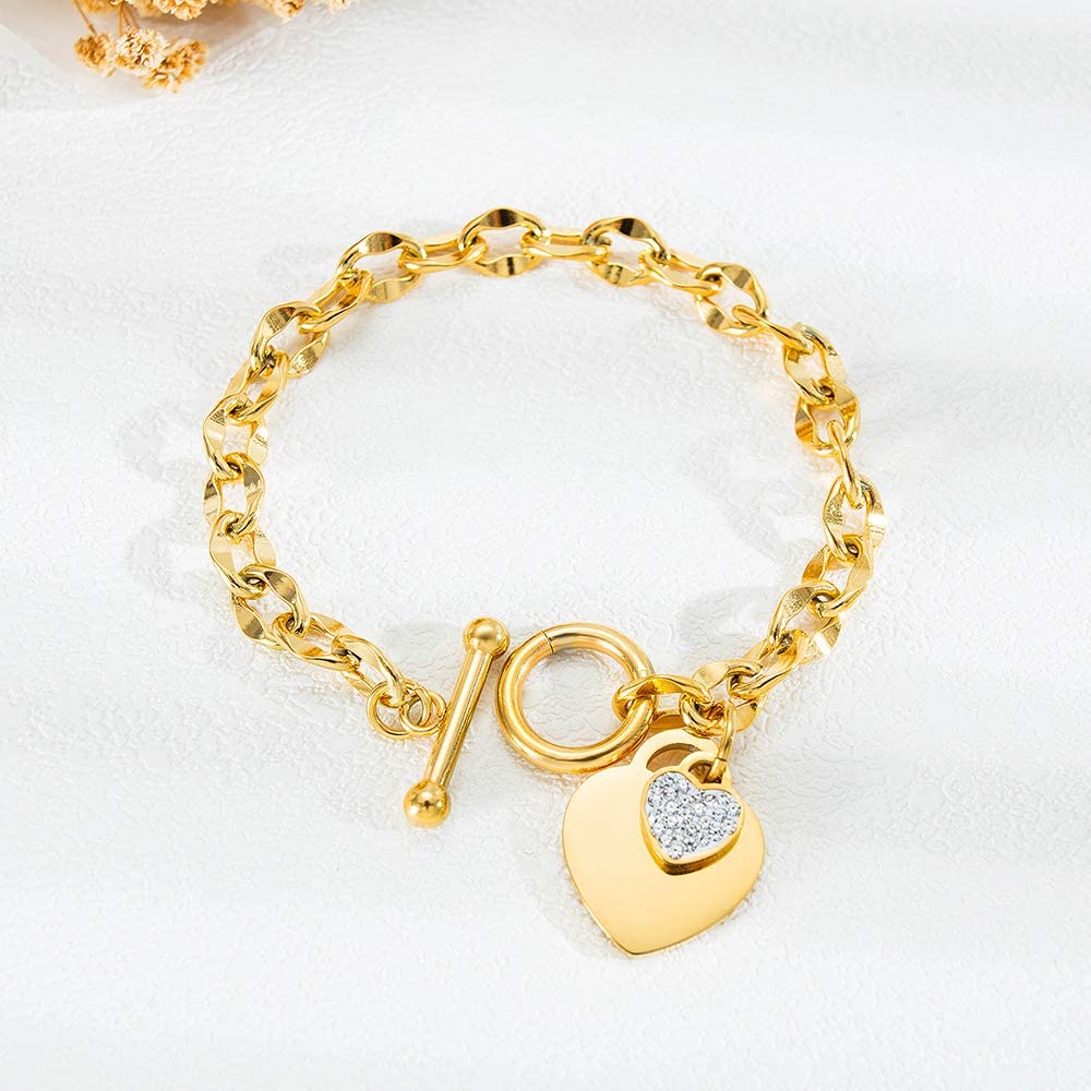 Womens Stainless Steel Link Chains Heart Charms Bracelets for Teen Age Girl Toggle Clasp Closure