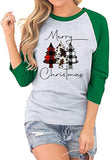 Women Buffalo Plaid Christmas Shirt Merry Christmas 3/4 Raglan Sleeves Blouse