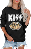 Damen Langarm Kiss Leopard Lips Sweatshirt Lippenstift Shirt