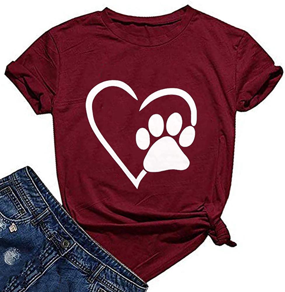 Women Dog Paw Love Heart T-Shirt Dog Mom Shirt