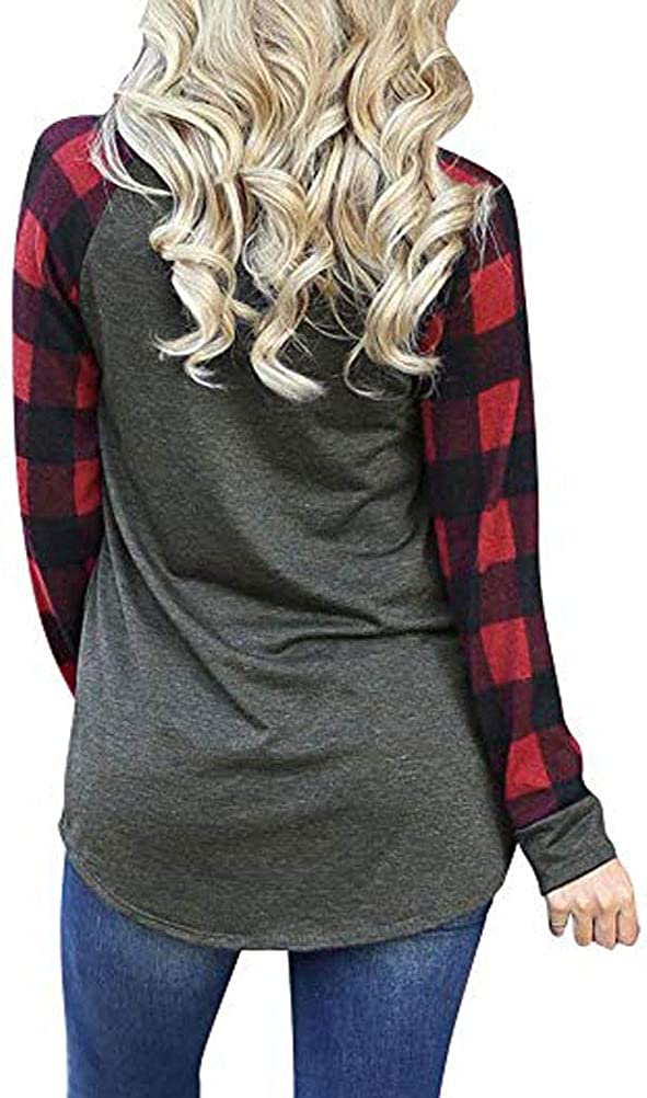 Women Solid Color Blouse Plaid Sleeve Tunic Shirt