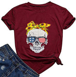 Women Sunflower Bandana Skull with America Flag Sunglasses T-Shirt Skull Shirt