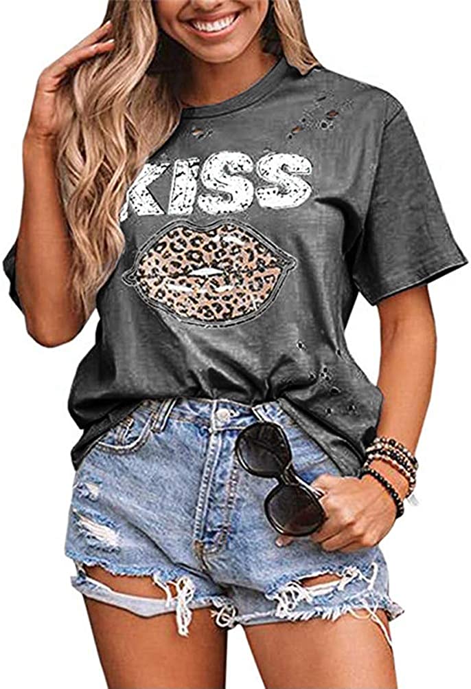 Women Kiss Leopard Lips T-Shirt Lipstick Hollow Out Shirt
