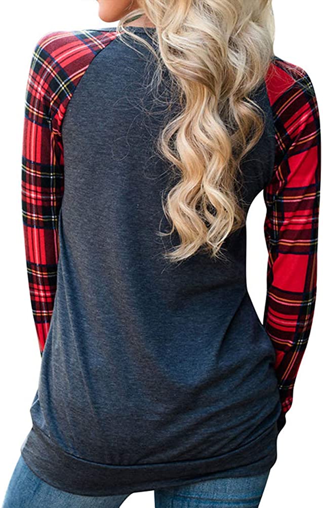 Women Long Sleeve Plaid Blosue with Sequins Pocket