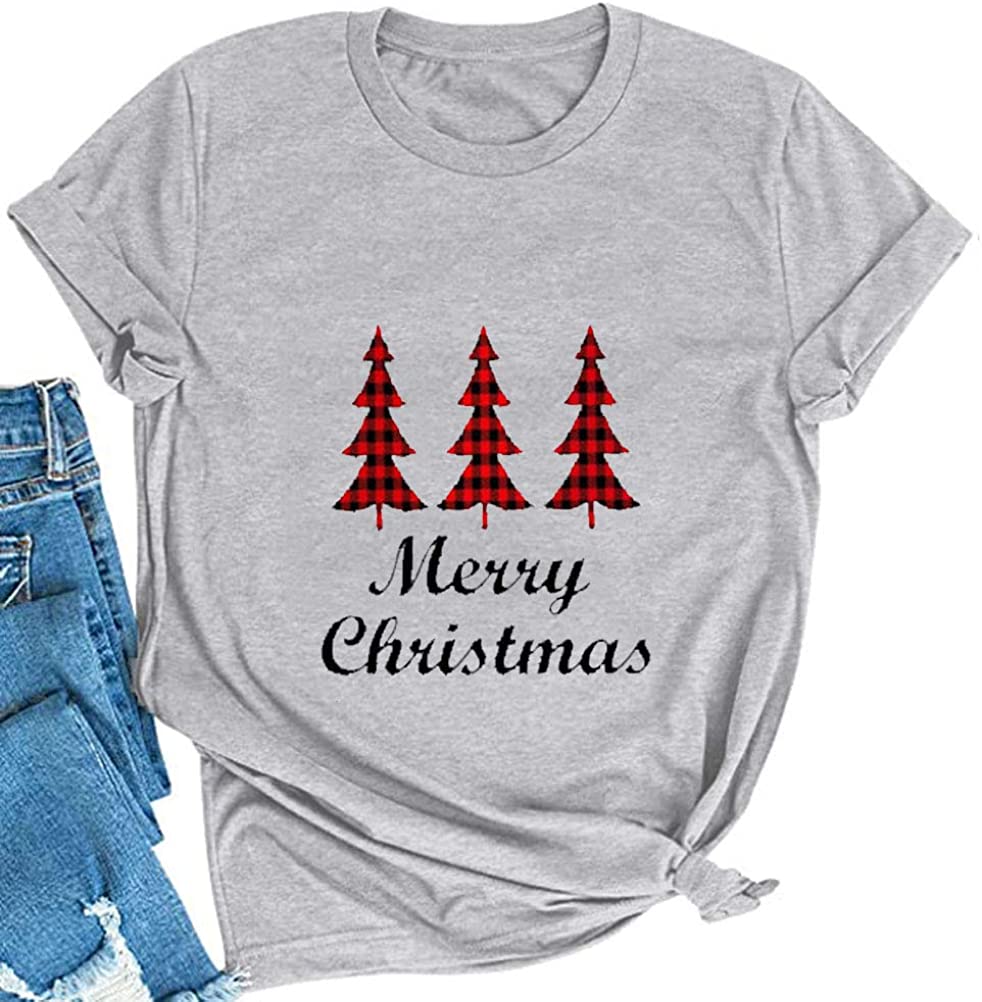 Women Merry Christmas T-Shirt Plaid Christmas Tree Shirt